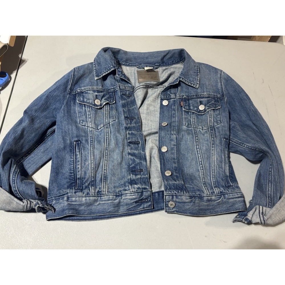 Levi Vintage Denim Jacket XL Ladies Red Tab Silver Leather Tag Distressed